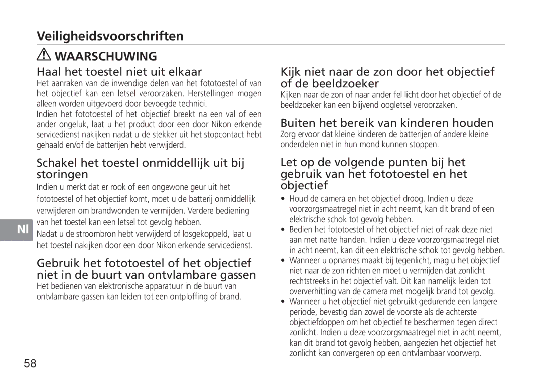 Nikon 1902, 2180, AF-S user manual Veiligheidsvoorschriften, Waarschuwing 