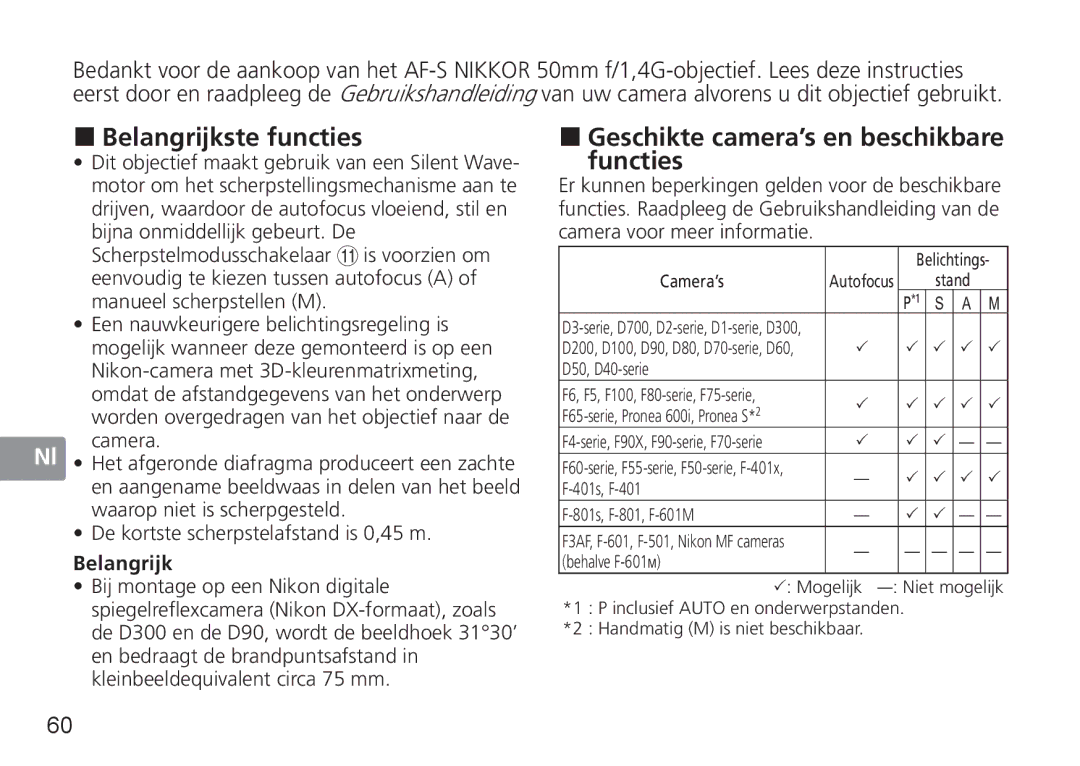 Nikon 2180, 1902, AF-S user manual „ Belangrijkste functies, „ Geschikte camera’s en beschikbare functies 