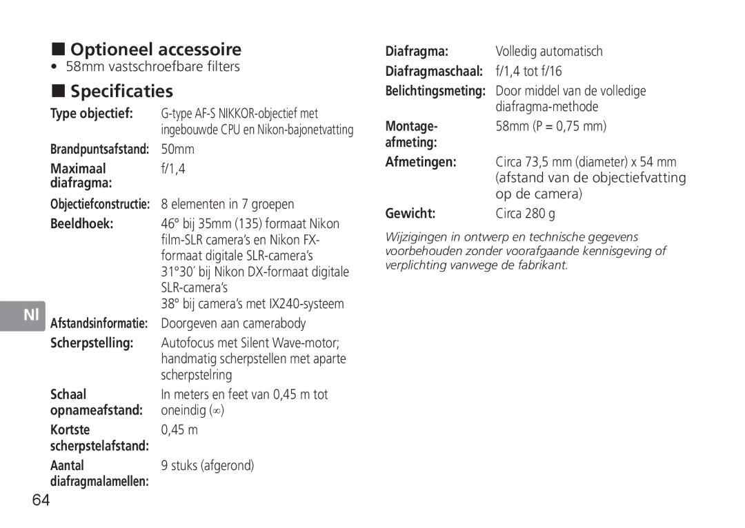 Nikon 1902, 2180, AF-S user manual „ Optioneel accessoire, „ Specificaties 