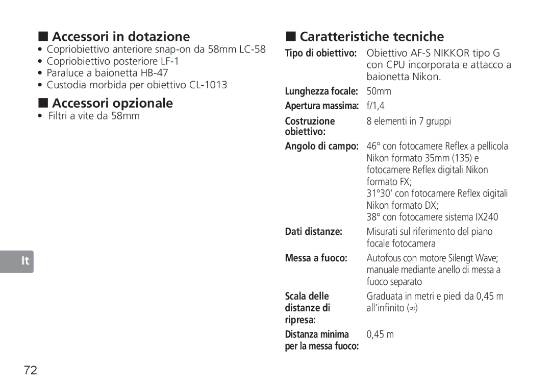 Nikon 2180, 1902, AF-S user manual „ Accessori in dotazione, „ Accessori opzionale, „ Caratteristiche tecniche 