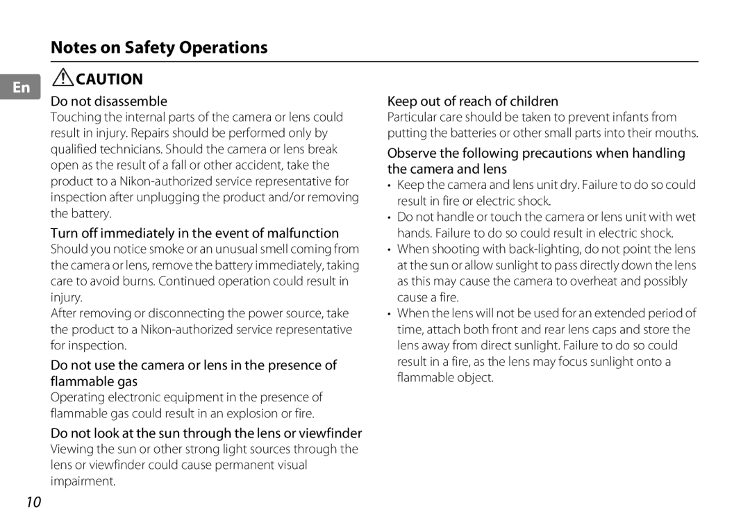 Nikon 2181 En Caution, Do not disassemble, Turn off immediately in the event of malfunction, Keep out of reach of children 