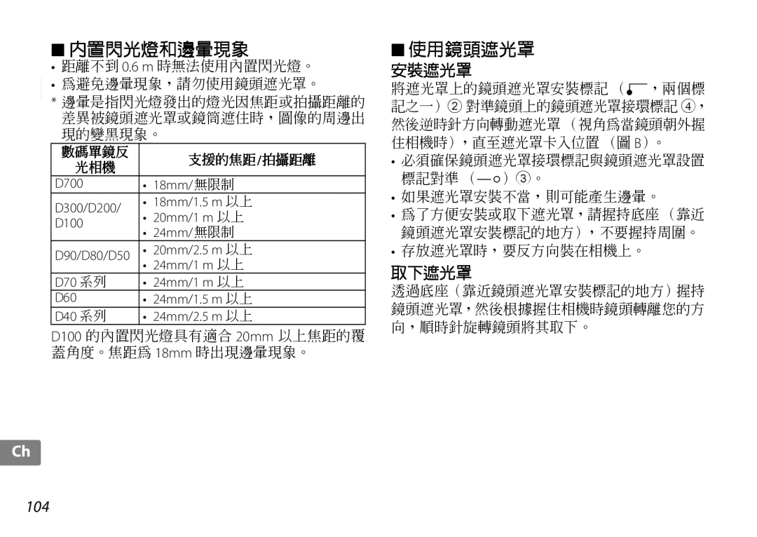 Nikon 2181 user manual 20mm/2.5 m 以上, D70 系列 24mm/1 m 以上 D60 24mm/1.5 m 以上 D40 系列 24mm/2.5 m 以上 