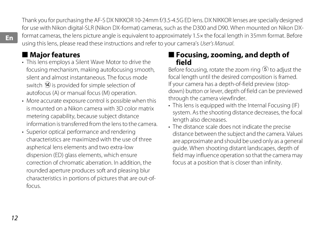 Nikon 2181 user manual Major features, Focusing, zooming, and depth Field, Autofocus a or manual focus M operation 