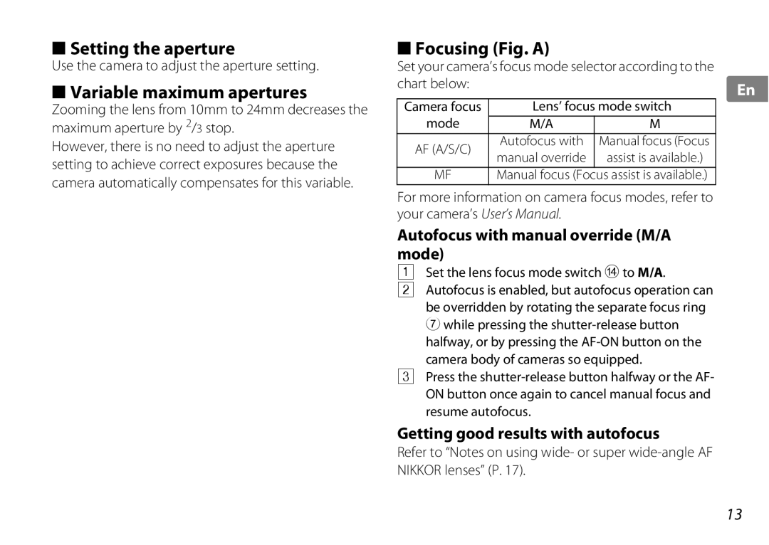 Nikon 2181 Setting the aperture, Variable maximum apertures, Focusing Fig. a, Autofocus with manual override M/A mode 