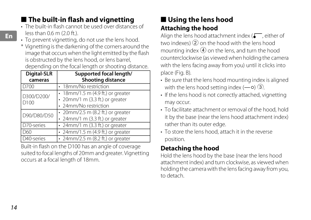 Nikon 2181 user manual Built-in flash and vignetting, Using the lens hood, Attaching the hood, Detaching the hood 