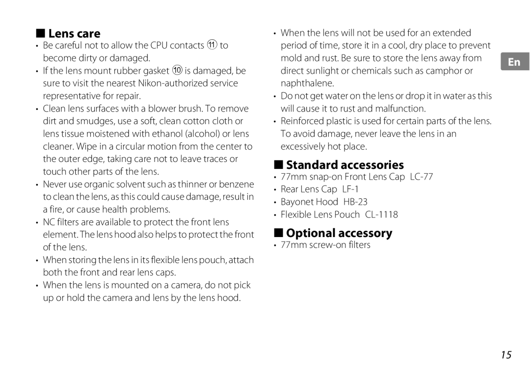 Nikon 2181 user manual Lens care, Standard accessories, Optional accessory, 77mm screw-on filters 