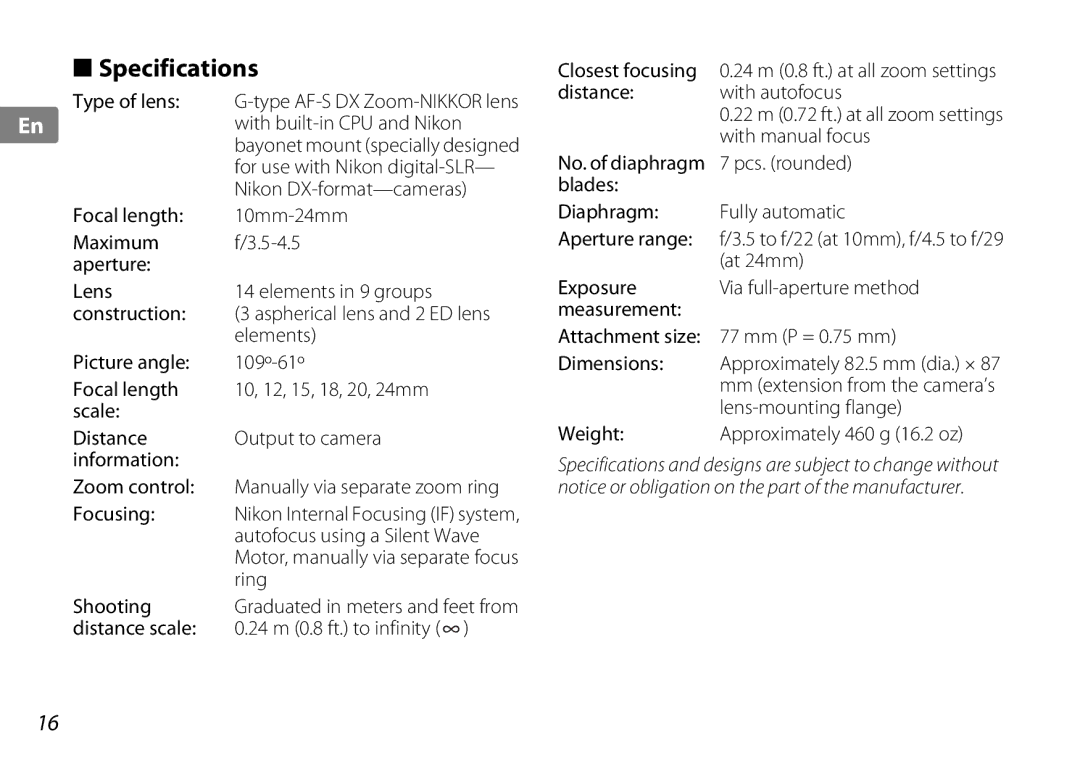 Nikon 2181 user manual Specifications 