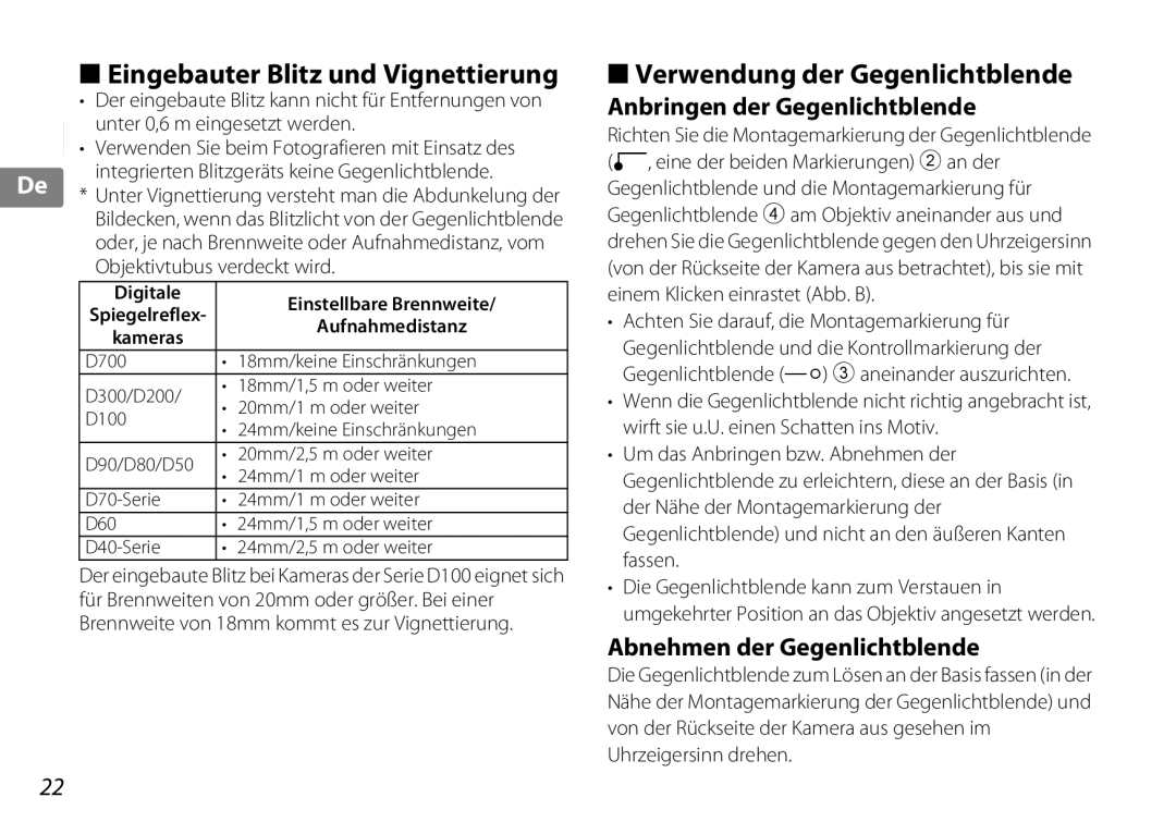 Nikon 2181 user manual Eingebauter Blitz und Vignettierung, Verwendung der Gegenlichtblende, Anbringen der Gegenlichtblende 