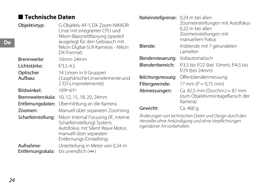 Nikon 2181 user manual Technische Daten 