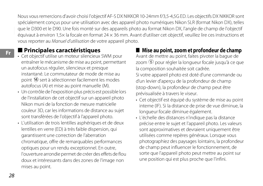 Nikon 2181 user manual Principales caractéristiques, Mise au point, zoom et profondeur de champ 