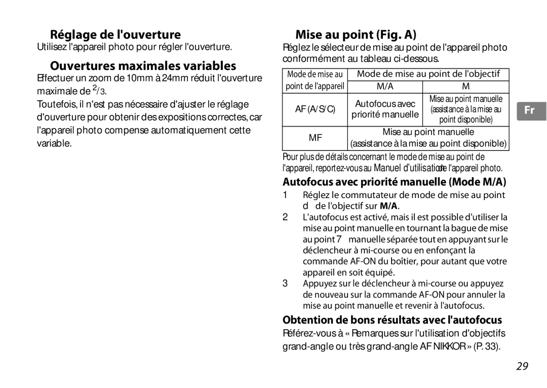 Nikon 2181 user manual Réglage de louverture, Ouvertures maximales variables, Mise au point Fig. a 