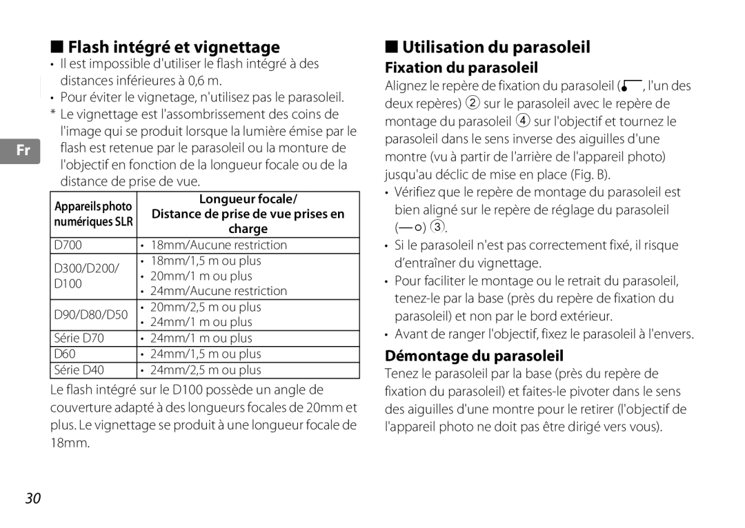 Nikon 2181 Flash intégré et vignettage, Utilisation du parasoleil, Fixation du parasoleil, Démontage du parasoleil 