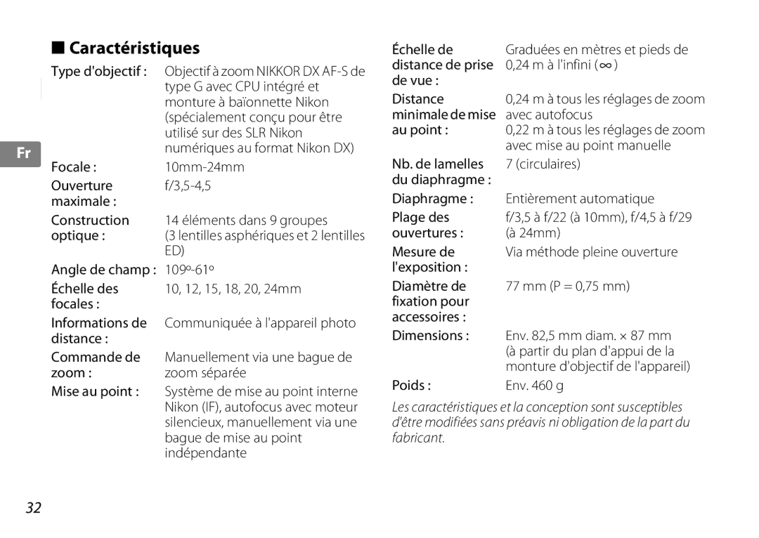 Nikon 2181 user manual Caractéristiques 