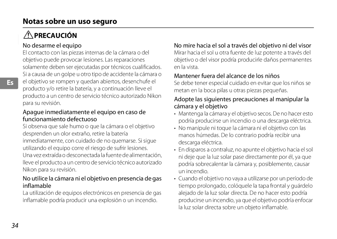 Nikon 2181 Notas sobre un uso seguro, No desarme el equipo, No mire hacia el sol a través del objetivo ni del visor 