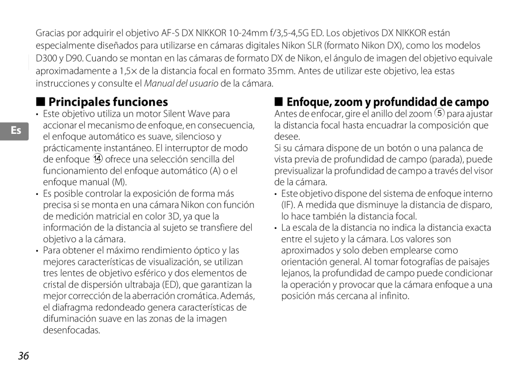 Nikon 2181 user manual Principales funciones, Enfoque, zoom y profundidad de campo 