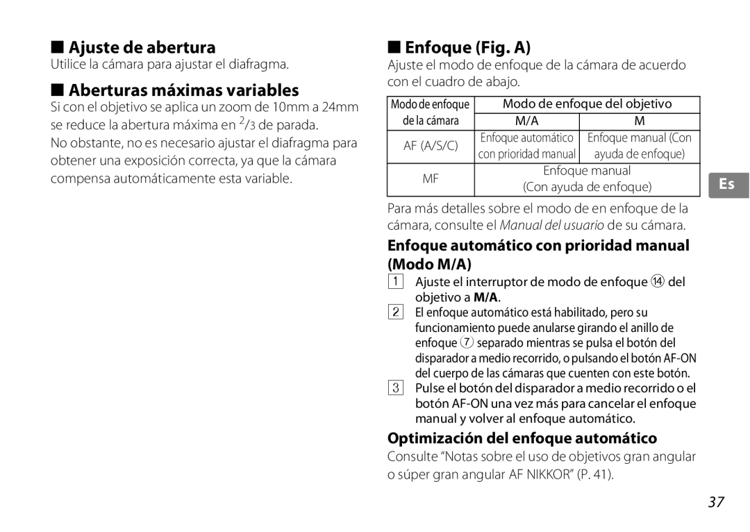 Nikon 2181 user manual Ajuste de abertura, Aberturas máximas variables, Enfoque Fig. a, Optimización del enfoque automático 