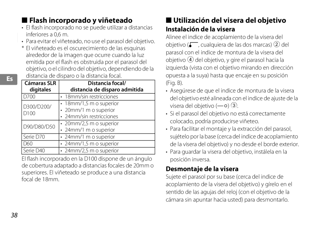 Nikon 2181 user manual Flash incorporado y viñeteado, Utilización del visera del objetivo, Instalación de la visera 