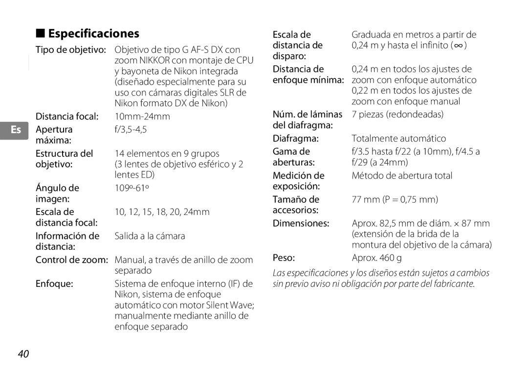 Nikon 2181 user manual Especificaciones 