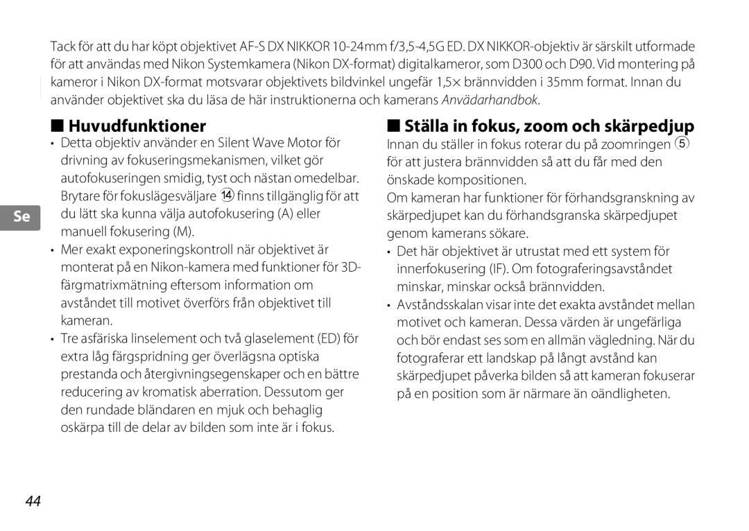 Nikon 2181 user manual Huvudfunktioner, Ställa in fokus, zoom och skärpedjup 