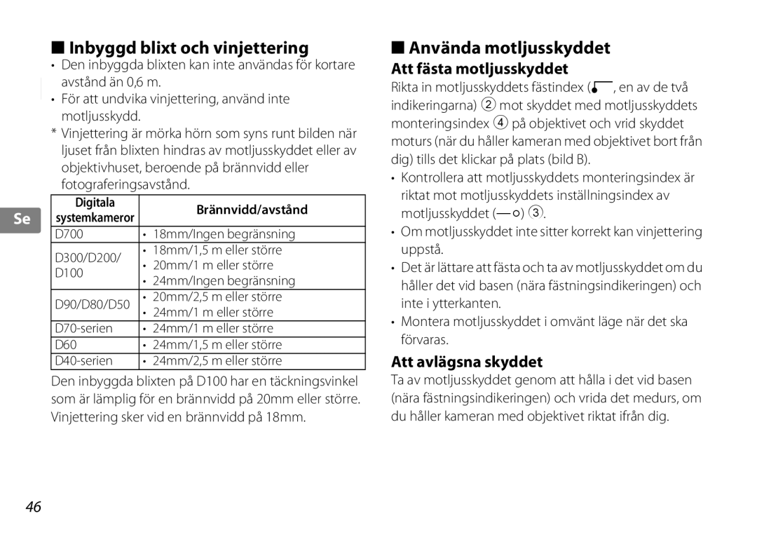 Nikon 2181 Inbyggd blixt och vinjettering, Använda motljusskyddet, Att fästa motljusskyddet, Att avlägsna skyddet 