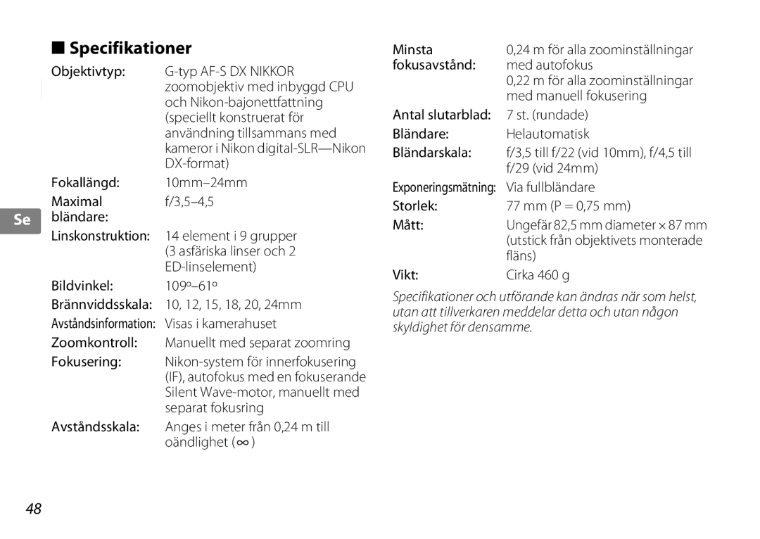 Nikon 2181 user manual Specifikationer 