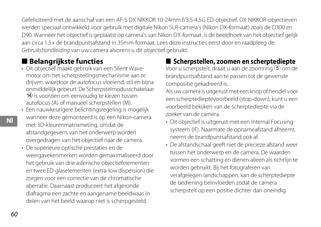 Nikon 2181 user manual Belangrijkste functies, Scherpstellen, zoomen en scherptediepte 