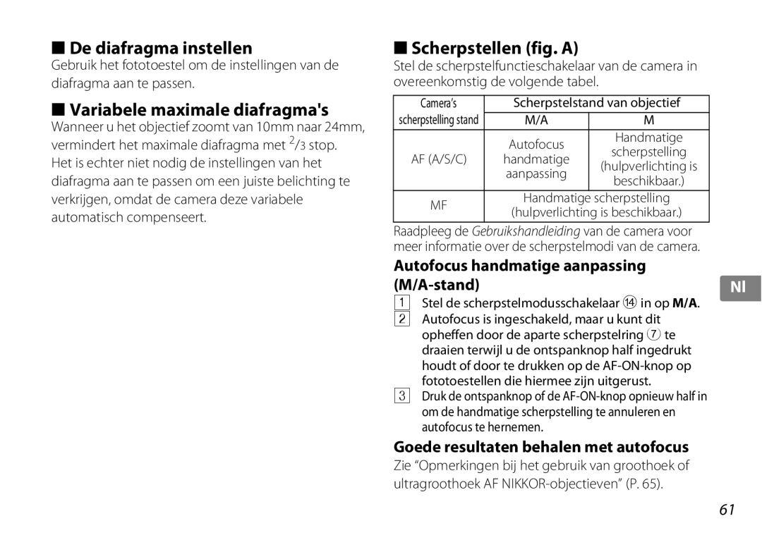 Nikon 2181 user manual De diafragma instellen, Variabele maximale diafragmas, Scherpstellen fig. a 