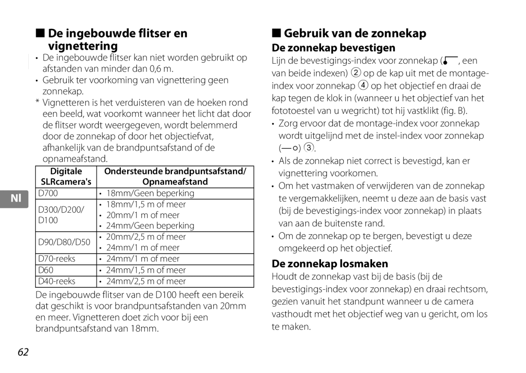 Nikon 2181 De ingebouwde flitser en Vignettering, Gebruik van de zonnekap, De zonnekap bevestigen, De zonnekap losmaken 