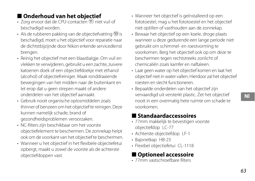 Nikon 2181 Onderhoud van het objectief, Standaardaccessoires, Optioneel accessoire, 77mm vastschroefbare filters 