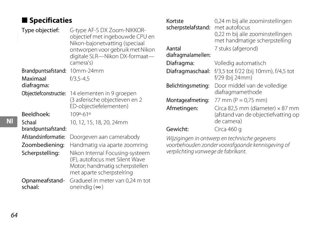 Nikon 2181 user manual Specificaties 