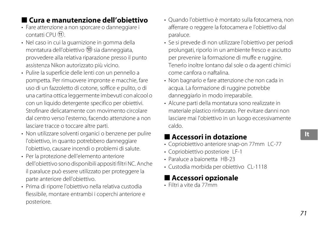 Nikon 2181 user manual Cura e manutenzione dell’obiettivo, Accessori opzionale, Filtri a vite da 77mm 