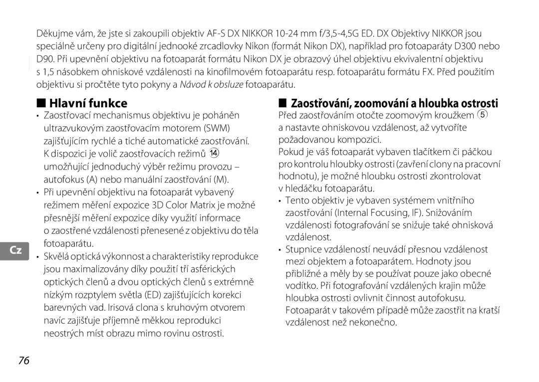 Nikon 2181 user manual Hlavní funkce, Zaostřování, zoomování a hloubka ostrosti 