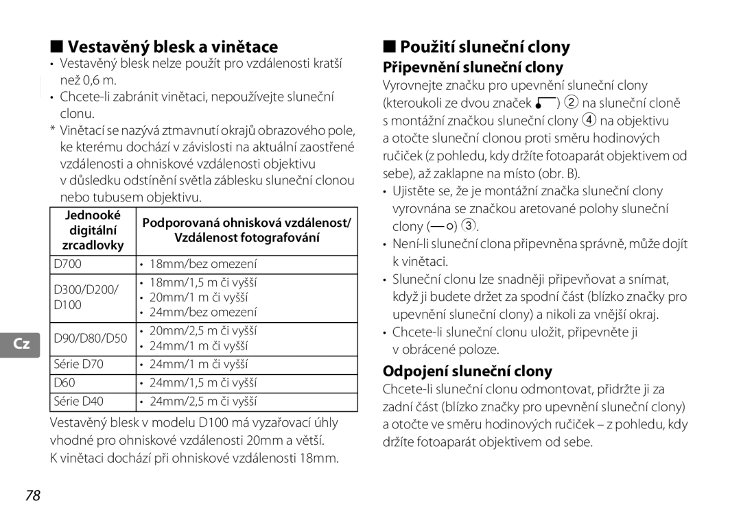 Nikon 2181 Vestavěný blesk a vinětace, Použití sluneční clony, Připevnění sluneční clony, Odpojení sluneční clony 