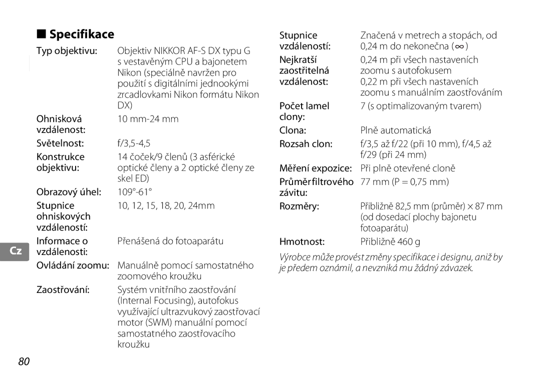 Nikon 2181 user manual Specifikace 