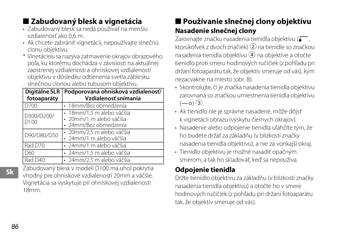 Nikon 2181 Zabudovaný blesk a vignetácia, Používanie slnečnej clony objektívu, Nasadenie slnečnej clony, Clonu objektívu 