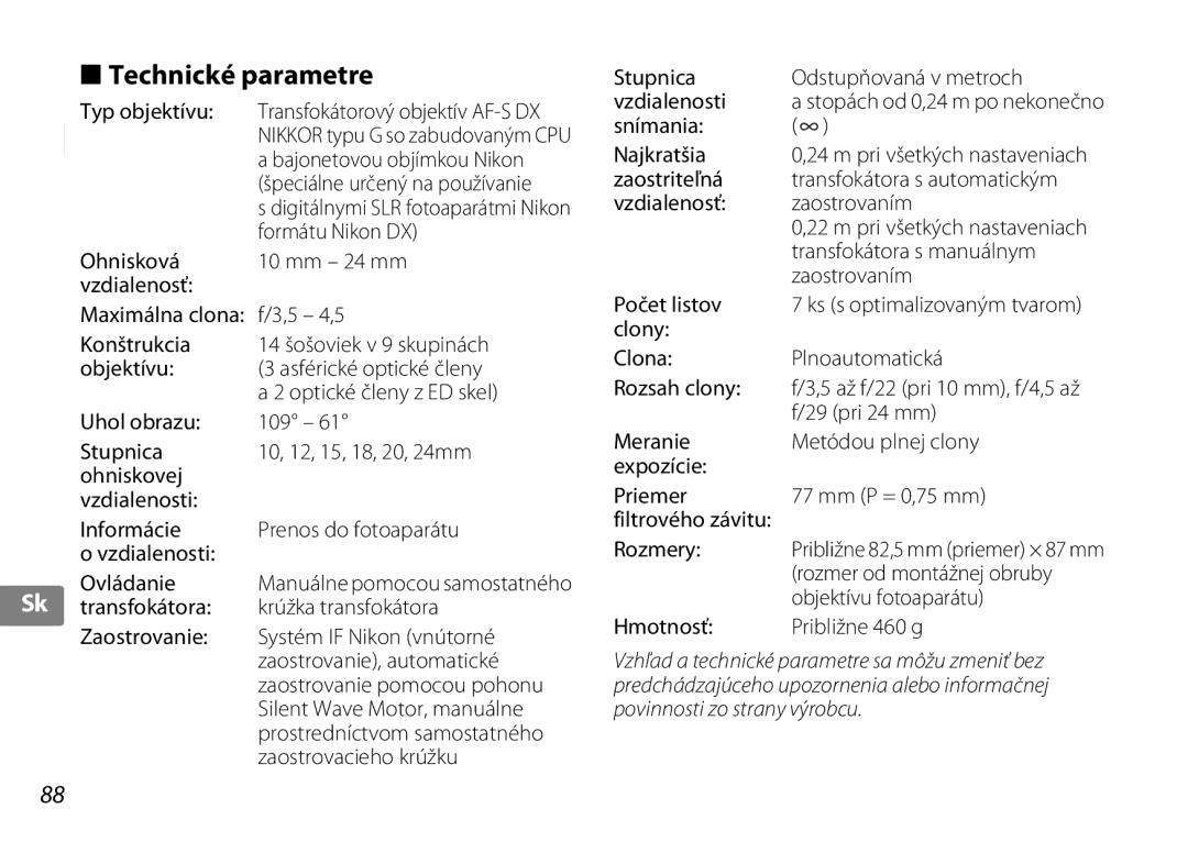 Nikon 2181 user manual Technické parametre 