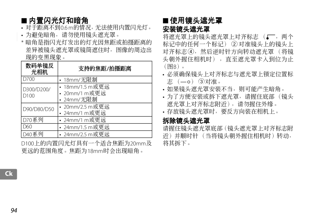 Nikon 2181 user manual 20mm/2.5 m或更远, D70系列 24mm/1 m或更远 D60 24mm/1.5 m或更远 D40系列 24mm/2.5 m或更远 