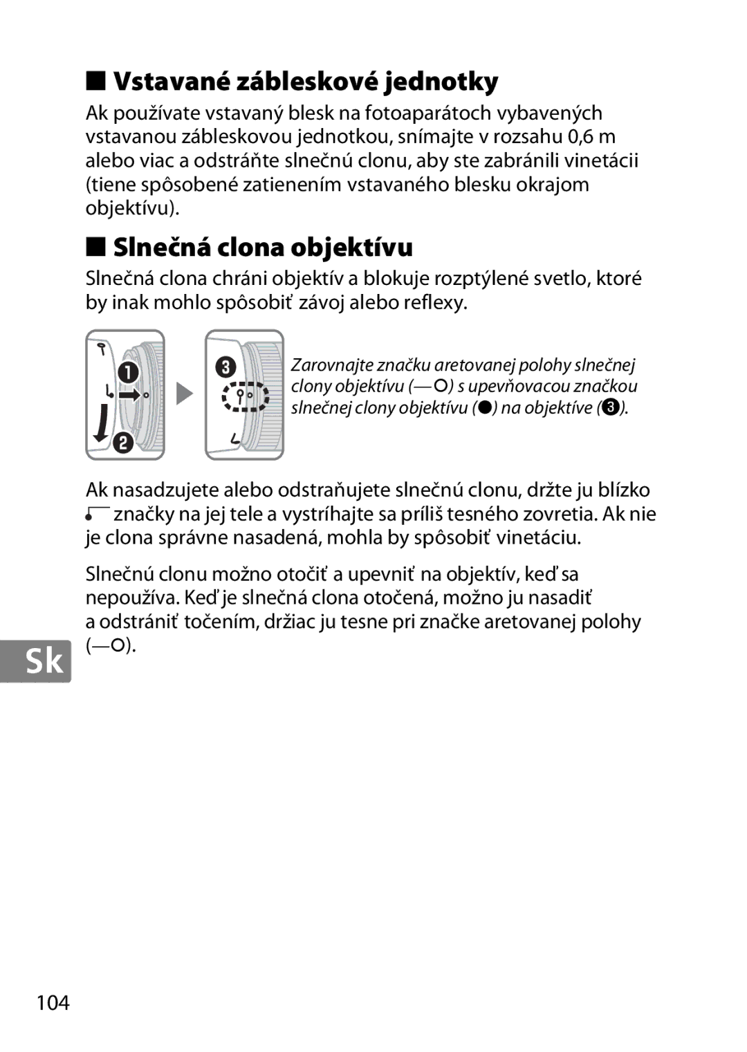 Nikon 50mmf18G, 2183B, 50mmf/1.8G, 2199B, 2214 user manual Vstavané zábleskové jednotky, Slnečná clona objektívu 