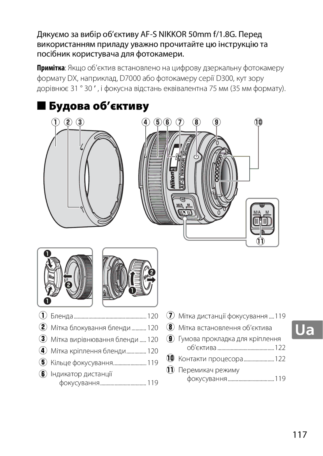 Nikon 50mmf/1.8G, 2183B, 50mmf18G Будова об’єктиву, Індикатор дистанції, Гумова прокладка для кріплення, 1Перемикач режиму 