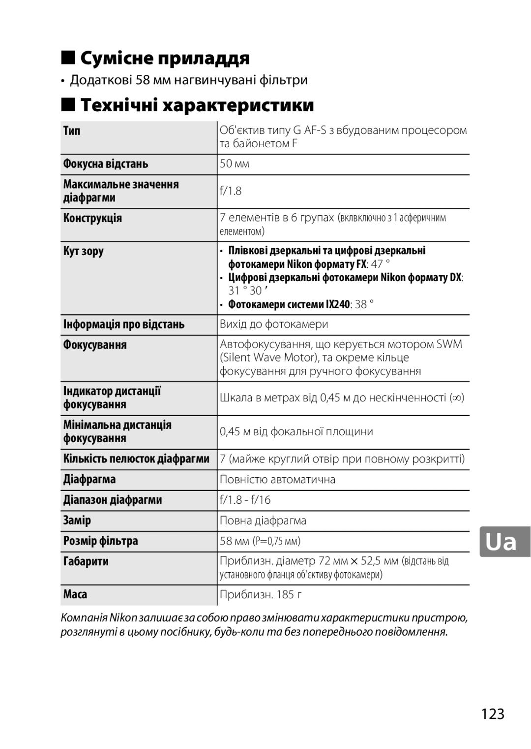 Nikon 50mmf/1.8G, 2183B, 50mmf18G, 2199B Сумісне приладдя, Технічні характеристики, Додаткові 58 мм нагвинчувані фільтри 