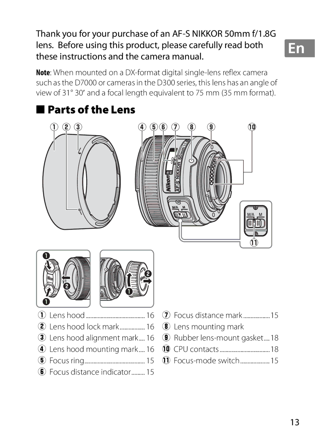 Nikon 2183B, 50mmf18G, 2199B Parts of the Lens, Lens mounting mark, Lens hood alignment mark Lens hood mounting mark 