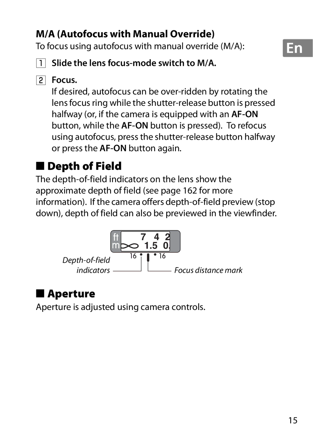 Nikon 50mmf/1.8G, 2183B, 50mmf18G, 2199B, 2214 user manual Depth of Field, Aperture, Autofocus with Manual Override 