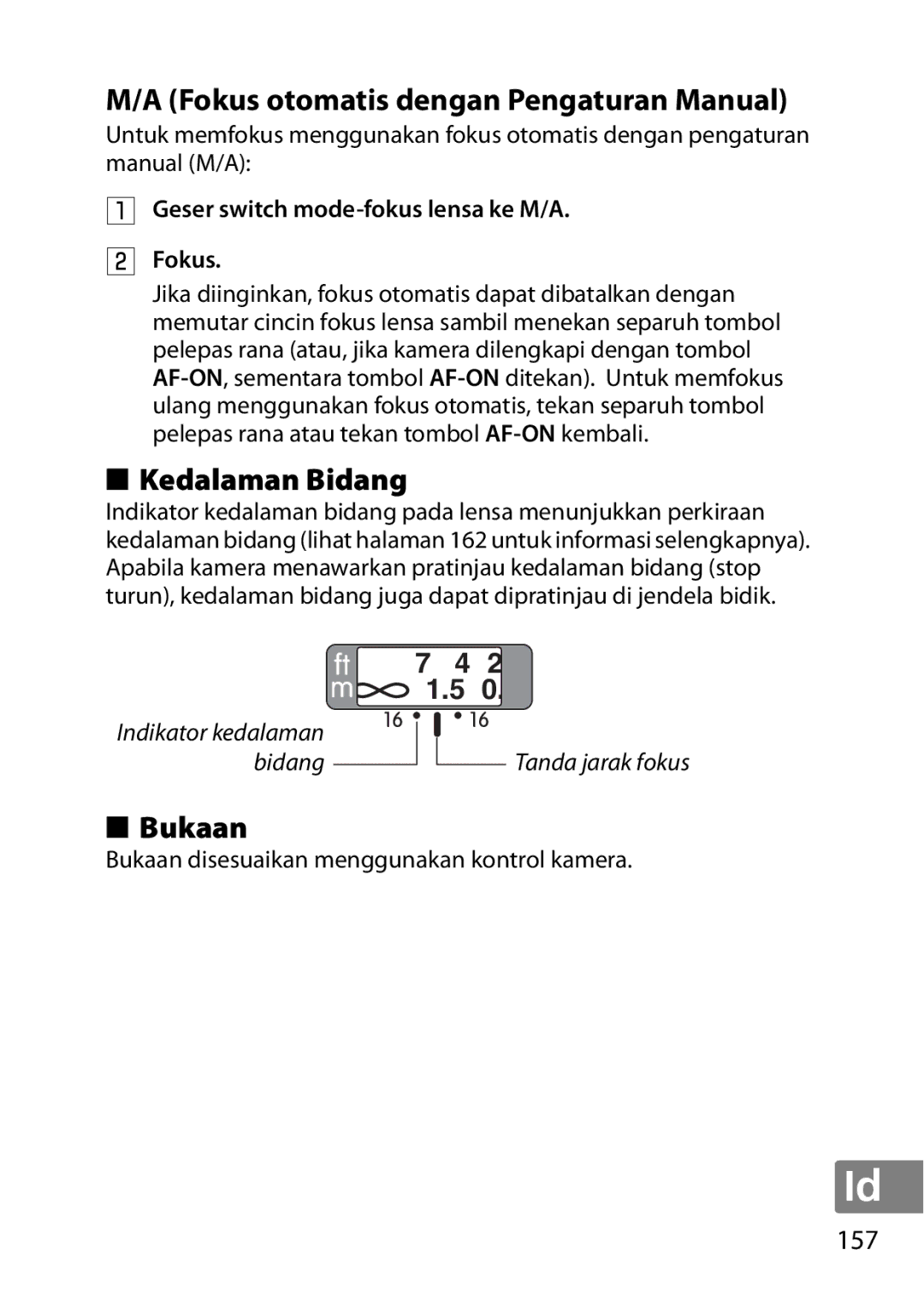 Nikon 2183 Fokus otomatis dengan Pengaturan Manual, Kedalaman Bidang, Bukaan, Geser switch mode-fokus lensa ke M/A Fokus 