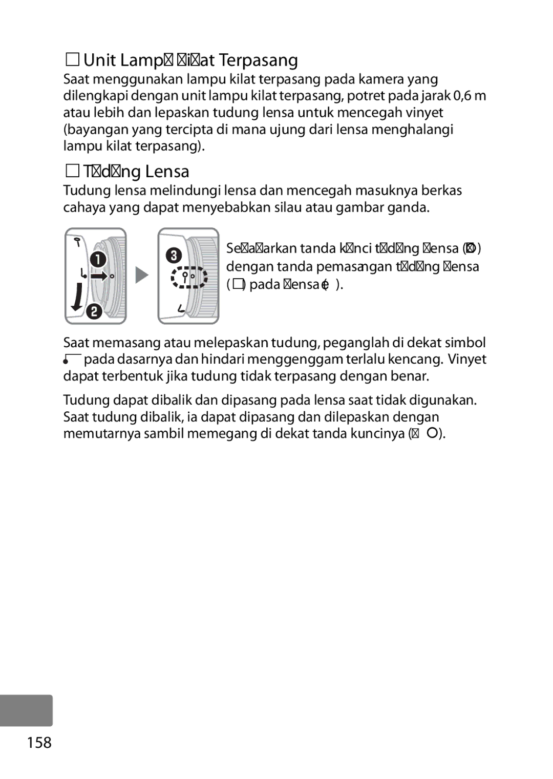 Nikon 50mmf18G, 2183B, 50mmf/1.8G, 2199B, 2214 user manual Unit Lampu Kilat Terpasang, Tudung Lensa 