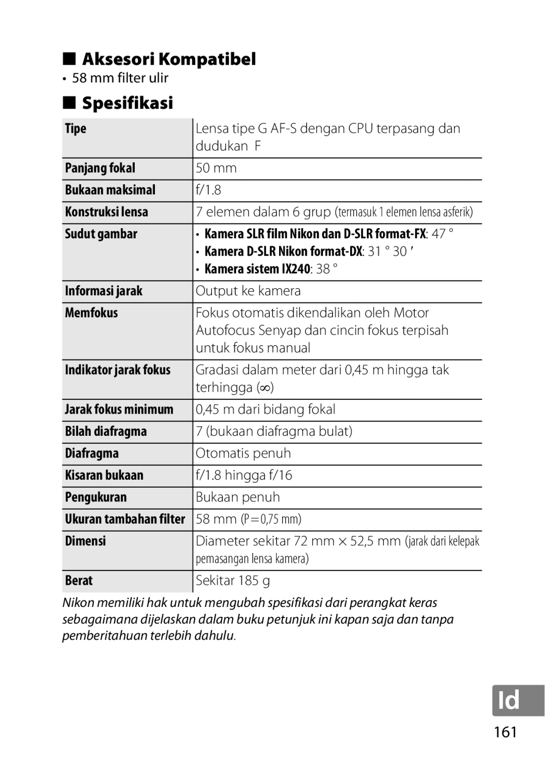 Nikon 2214, 2183B, 50mmf18G, 50mmf/1.8G, 2199B user manual Aksesori Kompatibel, Spesifikasi 