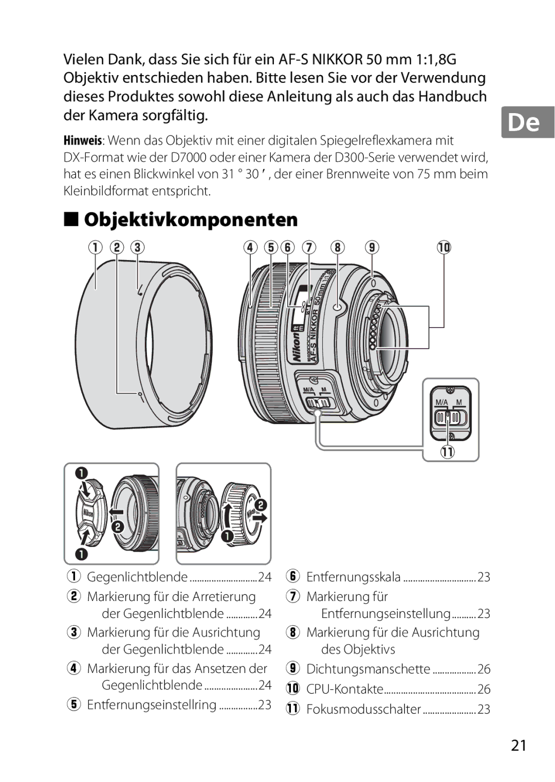 Nikon 50mmf/1.8G, 2183B, 50mmf18G, 2199B, 2214 Objektivkomponenten, Markierung für die Ausrichtung, Des Objektivs 