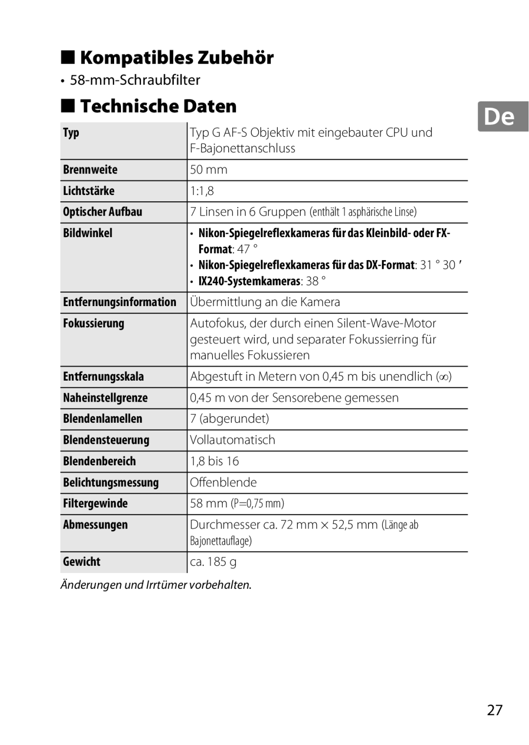 Nikon 50mmf/1.8G, 2183B, 50mmf18G, 2199B, 2214 user manual Kompatibles Zubehör, Technische Daten, Mm-Schraubfilter 