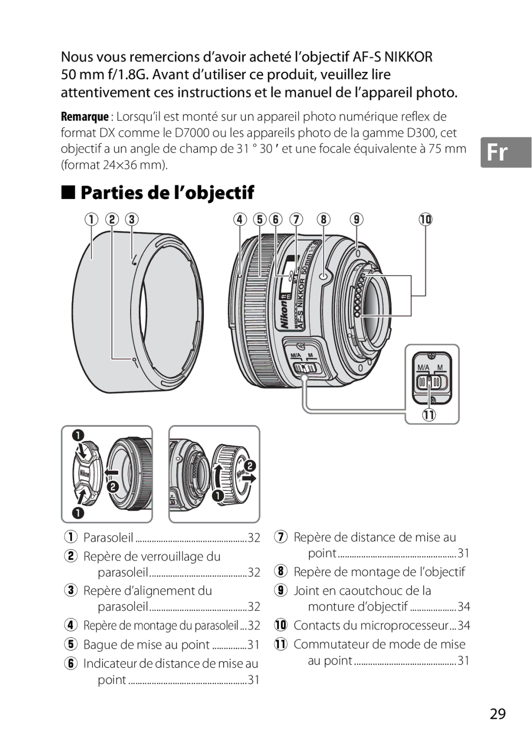 Nikon 2214, 2183B Parties de l’objectif, Repère de verrouillage du, Repère d’alignement du, Repère de distance de mise au 