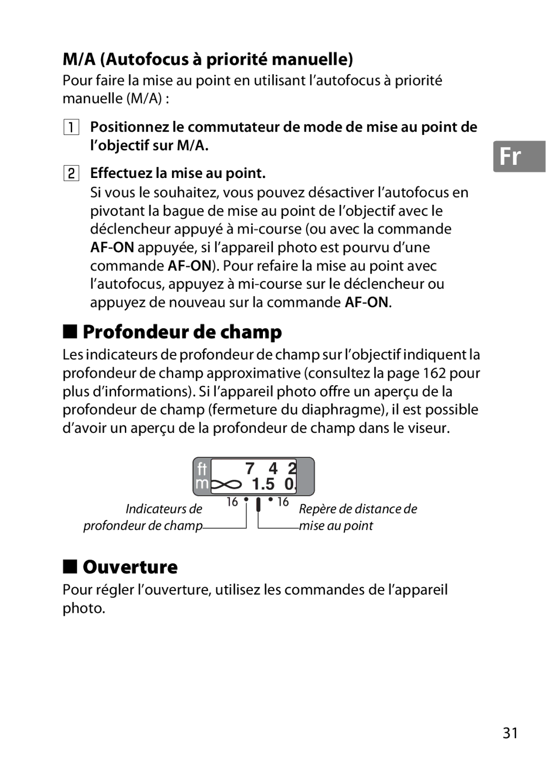 Nikon 2183B, 50mmf18G, 50mmf/1.8G, 2199B, 2214 user manual Profondeur de champ, Ouverture, Autofocus à priorité manuelle 