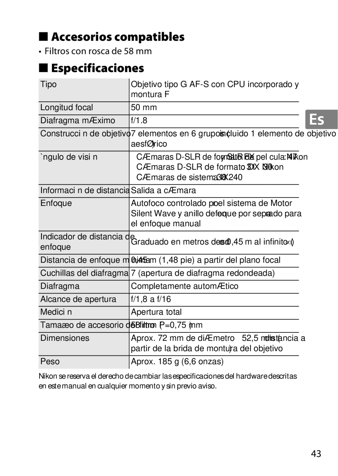 Nikon 2183B, 50mmf18G, 50mmf/1.8G, 2199B, 2214 Accesorios compatibles, Especificaciones, Filtros con rosca de 58 mm 